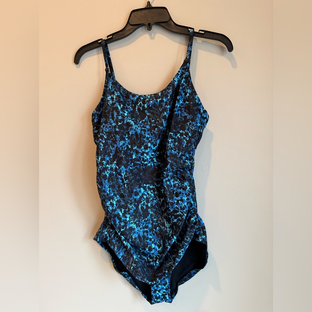 Speedo Women's One Piece Swimsuit Ruched Blue Black‎ Leopard Print Size 14